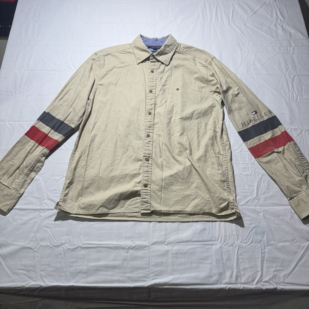 Tommy Hilfiger Mens Medium Custom Fit Beige Button Up Shirt Long Sleeve Logo